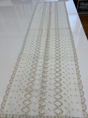 Vintage Beige Embroidered Lace Table Runner - 13. 1/2 x 47